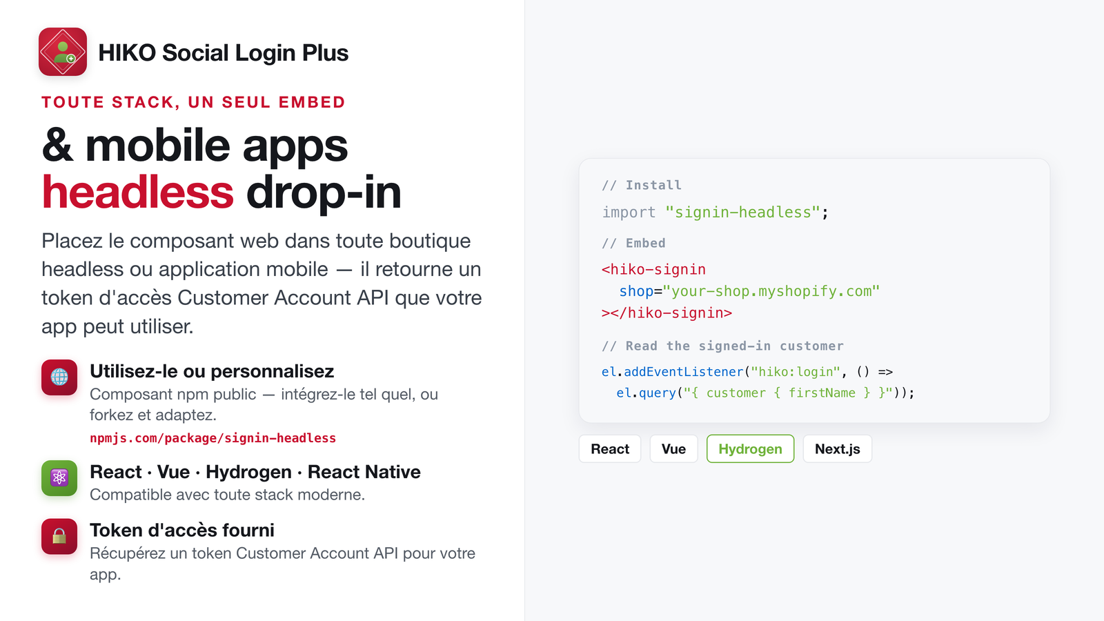 Composant web headless pour React, Vue et Hydrogen