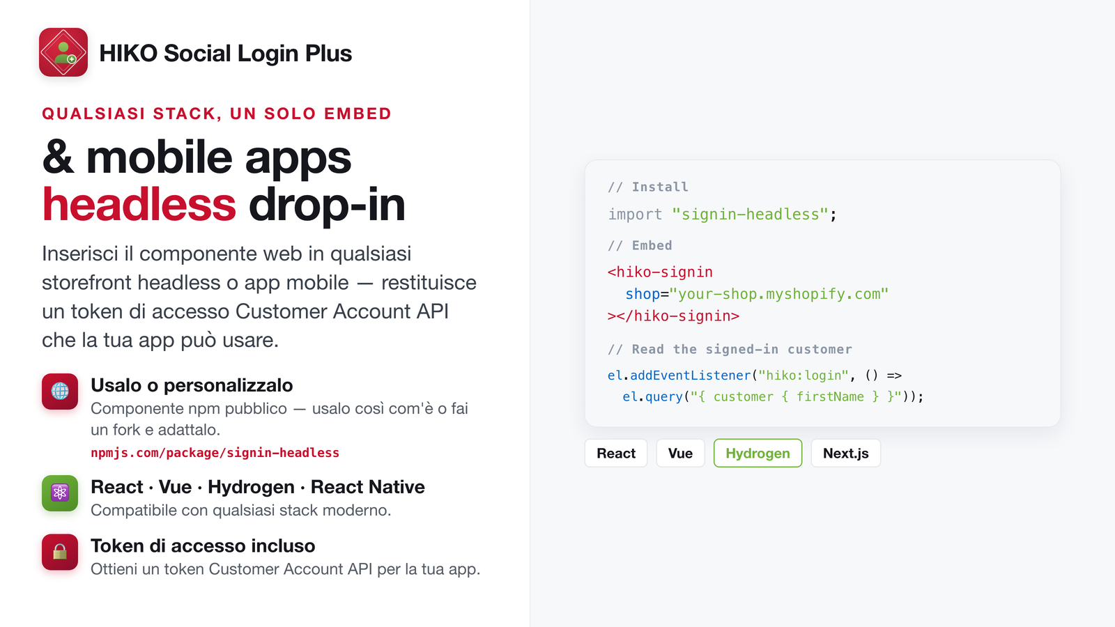 Web component headless per React, Vue e Hydrogen
