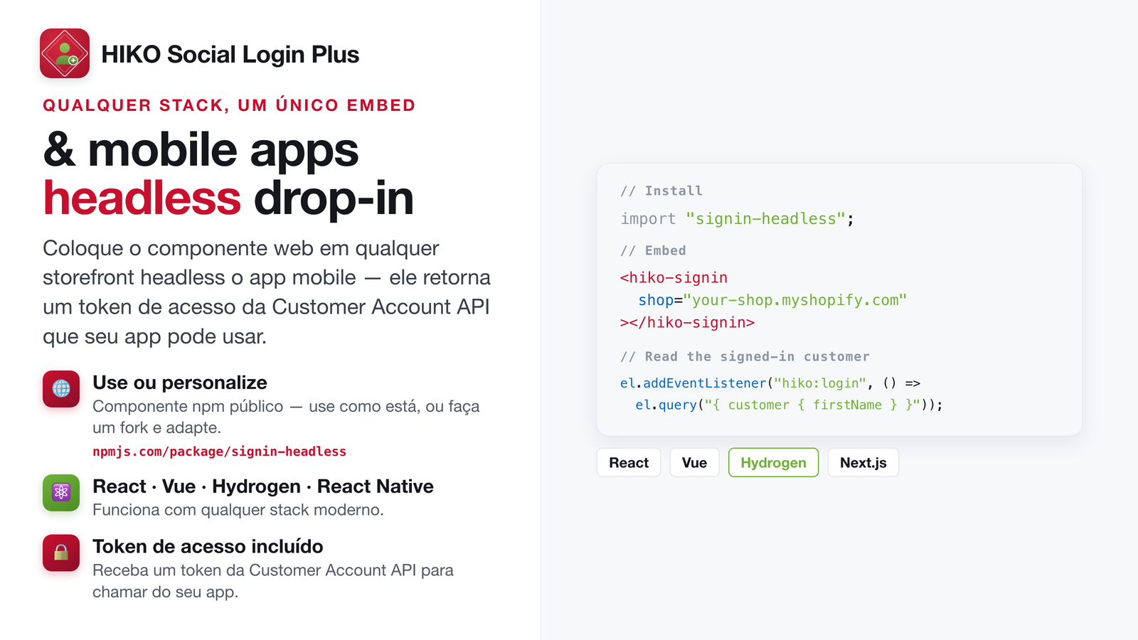 Componente web headless para React, Vue e Hydrogen