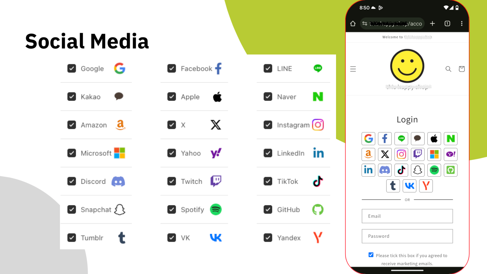 HIKO Social Login — social platforms and the storefront sign-in widget
