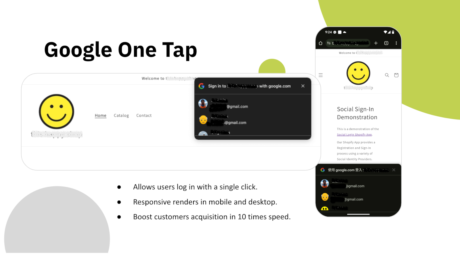 Google One Tap prompt on a storefront, shown on mobile and desktop
