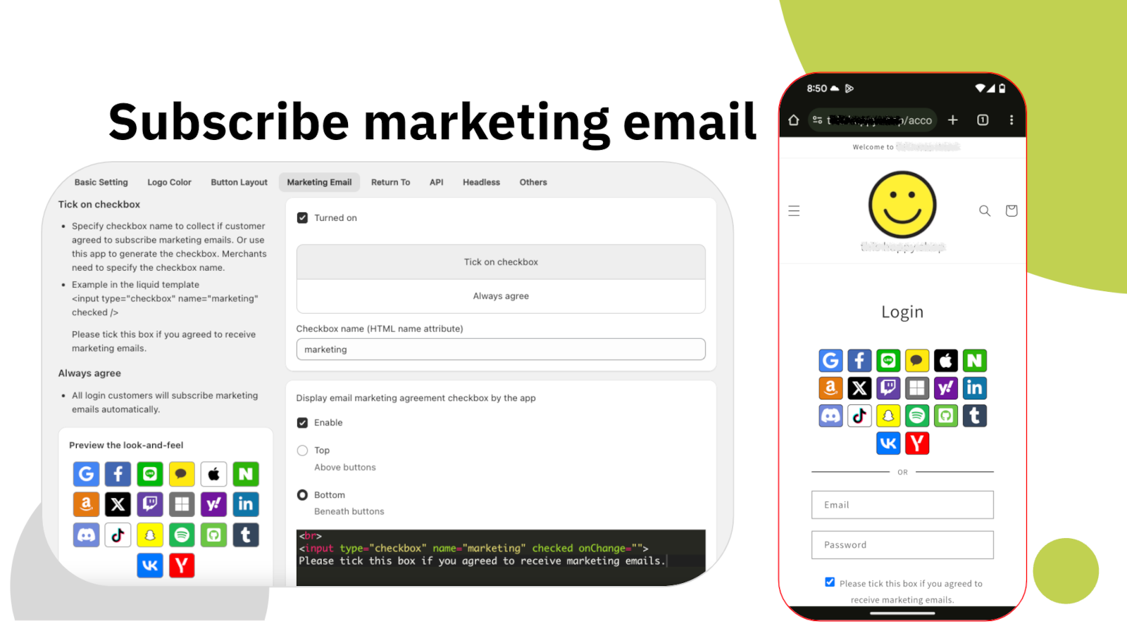 Marketing email subscription settings and the resulting storefront checkbox