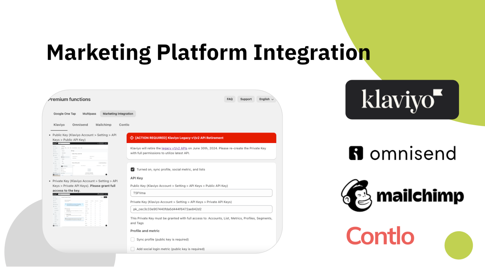 Klaviyo, Omnisend, Mailchimp and Contlo integration settings